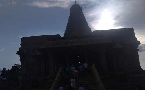 Brihadishvara Temple, also called Rajarajesvaram or Peruvudaiyār Kōvil, is a Hindu temple dedicated to Shiva located in South bank of Kaveri river in Thanjavur, Tamil Nadu, India. It is one of the largest South Indian temples and an exemplary example of a fully realized Dravidian architecture. It is called as Dhakshina Meru (Meru of south). Built by Tamil king Raja Raja Chola I between 1003 and 1010 AD, the temple is a part of the UNESCO World Heritage Site known as the "Great Living Chola Temples", along with the Chola dynasty era Gangaikonda Cholapuram temple and Airavatesvara temple that are about 70 kilometres (43 mi) and 40 kilometres (25 mi) to its northeast respectively.