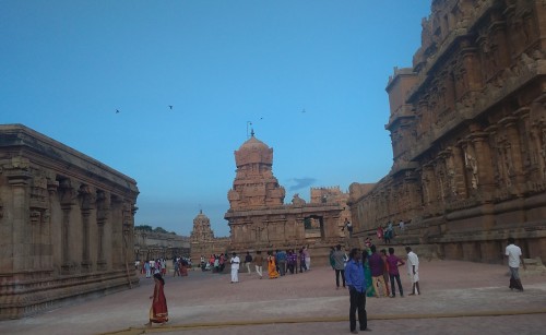 Brihadishvara Temple, also called Rajarajesvaram or Peruvudaiyār Kōvil, is a Hindu temple dedicated to Shiva located in South bank of Kaveri river in Thanjavur, Tamil Nadu, India. It is one of the largest South Indian temples and an exemplary example of a fully realized Dravidian architecture. It is called as Dhakshina Meru (Meru of south). Built by Tamil king Raja Raja Chola I between 1003 and 1010 AD, the temple is a part of the UNESCO World Heritage Site known as the "Great Living Chola Temples", along with the Chola dynasty era Gangaikonda Cholapuram temple and Airavatesvara temple that are about 70 kilometres (43 mi) and 40 kilometres (25 mi) to its northeast respectively.