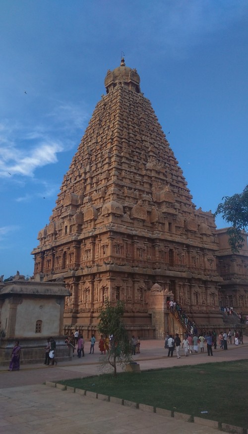 Brihadishvara Temple, also called Rajarajesvaram or Peruvudaiyār Kōvil, is a Hindu temple dedicated to Shiva located in South bank of Kaveri river in Thanjavur, Tamil Nadu, India. It is one of the largest South Indian temples and an exemplary example of a fully realized Dravidian architecture. It is called as Dhakshina Meru (Meru of south). Built by Tamil king Raja Raja Chola I between 1003 and 1010 AD, the temple is a part of the UNESCO World Heritage Site known as the "Great Living Chola Temples", along with the Chola dynasty era Gangaikonda Cholapuram temple and Airavatesvara temple that are about 70 kilometres (43 mi) and 40 kilometres (25 mi) to its northeast respectively.