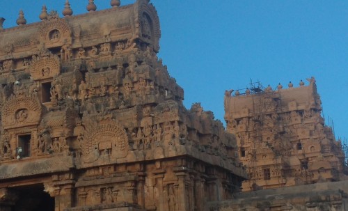 Brihadishvara Temple, also called Rajarajesvaram or Peruvudaiyār Kōvil, is a Hindu temple dedicated to Shiva located in South bank of Kaveri river in Thanjavur, Tamil Nadu, India. It is one of the largest South Indian temples and an exemplary example of a fully realized Dravidian architecture. It is called as Dhakshina Meru (Meru of south). Built by Tamil king Raja Raja Chola I between 1003 and 1010 AD, the temple is a part of the UNESCO World Heritage Site known as the "Great Living Chola Temples", along with the Chola dynasty era Gangaikonda Cholapuram temple and Airavatesvara temple that are about 70 kilometres (43 mi) and 40 kilometres (25 mi) to its northeast respectively.