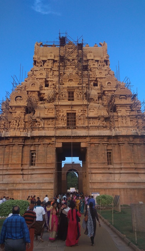 Brihadishvara Temple, also called Rajarajesvaram or Peruvudaiyār Kōvil, is a Hindu temple dedicated to Shiva located in South bank of Kaveri river in Thanjavur, Tamil Nadu, India. It is one of the largest South Indian temples and an exemplary example of a fully realized Dravidian architecture. It is called as Dhakshina Meru (Meru of south). Built by Tamil king Raja Raja Chola I between 1003 and 1010 AD, the temple is a part of the UNESCO World Heritage Site known as the "Great Living Chola Temples", along with the Chola dynasty era Gangaikonda Cholapuram temple and Airavatesvara temple that are about 70 kilometres (43 mi) and 40 kilometres (25 mi) to its northeast respectively.