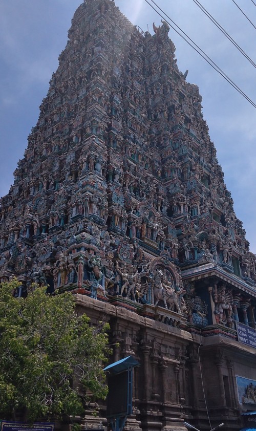 Meenakshi Temple (also referred to as Meenakshi Amman or Meenakshi-Sundareshwara Temple), is a historic Hindu temple located on the southern bank of the Vaigai River in the temple city of Madurai, Tamil Nadu, India. It is dedicated to Meenakshi, a form of Parvati, and her consort, Sundareshwar, a form of Shiva. The temple is at the center of the ancient temple city of Madurai mentioned in the Tamil Sangam literature, with the goddess temple mentioned in 6th century CE texts.