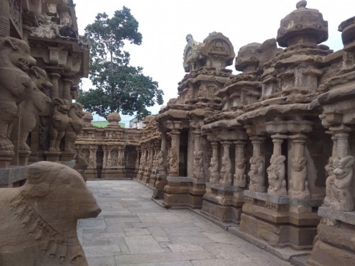 The Kanchi Kailasanathar temple is the oldest structure in Kanchipuram. Located in Tamil Nadu, India, it is a Hindu temple in the Tamil architectural style. It is dedicated to the Lord Shiva, and is known for its historical importance. The temple was built from 685-705 AD by a Rajasimha (Narasimhavarman II) ruler of the Pallava Dynasty. The low-slung sandstone compound contains a large number of carvings, including many half-animal deities which were popular during the early Pallava architectural period.The structure contains 58 small shrines which are dedicated to various forms of Shiva. These are built into niches on the inner face of the high compound wall of the circumambulatory passage. The temple is one of the most prominent tourist attractions of the city