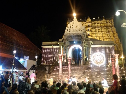 The Padmanabhaswamy temple is a Hindu temple located in Thiruvananthapuram, state capital of Kerala, India. The name of the city of Thiruvananthapuram in Malayalam translates to "The City of Lord Ananta", referring to the deity of the Padmanabhaswamy temple. The temple is built in an intricate fusion of the Chera style and the Dravidian style of architecture, featuring high walls, and a 16th-century gopura. While the Ananthapura temple in Kumble is considered the original seat of the deity ("Moolasthanam"), architecturally to some extent, the temple is a replica of the Adikesava Perumal temple in Thiruvattar.
The principal deity Padmanabhaswamy (Vishnu) is enshrined in the "Anantha Shayana" posture, the eternal yogic sleep on the serpent Adi Shesha.