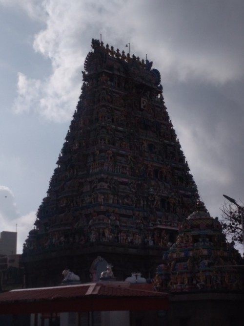 Kapaleeshwarar Temple is a Hindu temple dedicated to lord Shiva located in Mylapore, Chennai in the Indian state of Tamil Nadu. The form of Shiva's consort Parvati worshipped at this temple is called Karpagambal is from Tamil ("Goddess of the Wish-Yielding Tree"). The temple is the most ancient one that has been built around the 7th century CE in Dravidian architecture.

According to the Puranas, Shakti worshipped Shiva in the form of a peacock, giving the vernacular name Mylai (Mayilāi) to the area that developed around the temple - mayil is Tamil for "peacock". Shiva is worshiped as Kapaleeswarar, and is represented by the lingam. His consort Parvati is depicted as Karpagambal. The presiding deity is revered in the 7th century Tamil Saiva canonical work, the Tevaram, written by Tamil saint poets known as the Nayanars and classified as Paadal Petra Sthalam.

The temple has numerous shrines, with those of Kapaleeswarar and Karpagambal being the most prominent. The temple complex houses many halls. The temple has six daily rituals at various times from 5:30 a.m. to 10 p.m., and four yearly festivals on its calendar. The Arubathimooval festival celebrated during the Tamil month of Panguni is the most prominent festival in the temple.

https://en.wikipedia.org/wiki/Kapaleeshwarar_Temple