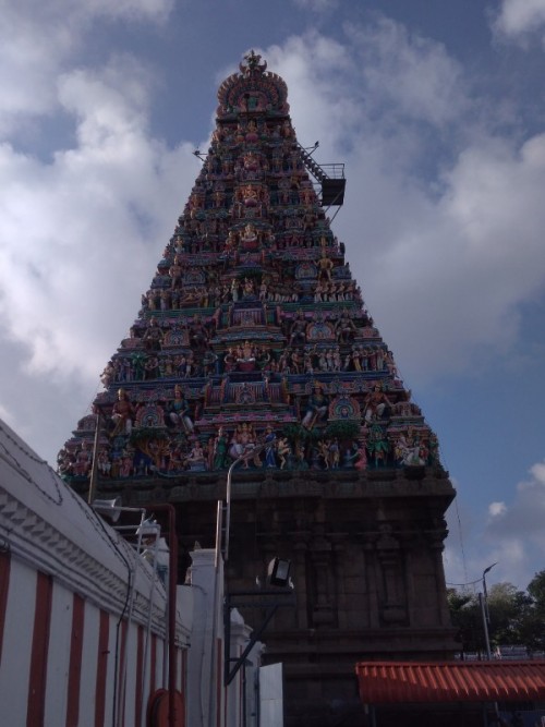 Kapaleeshwarar Temple is a Hindu temple dedicated to lord Shiva located in Mylapore, Chennai in the Indian state of Tamil Nadu. The form of Shiva's consort Parvati worshipped at this temple is called Karpagambal is from Tamil ("Goddess of the Wish-Yielding Tree"). The temple is the most ancient one that has been built around the 7th century CE in Dravidian architecture.

According to the Puranas, Shakti worshipped Shiva in the form of a peacock, giving the vernacular name Mylai (Mayilāi) to the area that developed around the temple - mayil is Tamil for "peacock". Shiva is worshiped as Kapaleeswarar, and is represented by the lingam. His consort Parvati is depicted as Karpagambal. The presiding deity is revered in the 7th century Tamil Saiva canonical work, the Tevaram, written by Tamil saint poets known as the Nayanars and classified as Paadal Petra Sthalam.

The temple has numerous shrines, with those of Kapaleeswarar and Karpagambal being the most prominent. The temple complex houses many halls. The temple has six daily rituals at various times from 5:30 a.m. to 10 p.m., and four yearly festivals on its calendar. The Arubathimooval festival celebrated during the Tamil month of Panguni is the most prominent festival in the temple.

https://en.wikipedia.org/wiki/Kapaleeshwarar_Temple