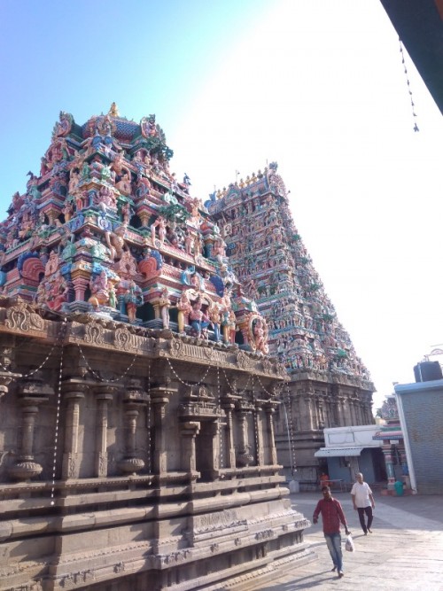 Kapaleeshwarar Temple is a Hindu temple dedicated to lord Shiva located in Mylapore, Chennai in the Indian state of Tamil Nadu. The form of Shiva's consort Parvati worshipped at this temple is called Karpagambal is from Tamil ("Goddess of the Wish-Yielding Tree"). The temple is the most ancient one that has been built around the 7th century CE in Dravidian architecture.

According to the Puranas, Shakti worshipped Shiva in the form of a peacock, giving the vernacular name Mylai (Mayilāi) to the area that developed around the temple - mayil is Tamil for "peacock". Shiva is worshiped as Kapaleeswarar, and is represented by the lingam. His consort Parvati is depicted as Karpagambal. The presiding deity is revered in the 7th century Tamil Saiva canonical work, the Tevaram, written by Tamil saint poets known as the Nayanars and classified as Paadal Petra Sthalam.

The temple has numerous shrines, with those of Kapaleeswarar and Karpagambal being the most prominent. The temple complex houses many halls. The temple has six daily rituals at various times from 5:30 a.m. to 10 p.m., and four yearly festivals on its calendar. The Arubathimooval festival celebrated during the Tamil month of Panguni is the most prominent festival in the temple.

https://en.wikipedia.org/wiki/Kapaleeshwarar_Temple