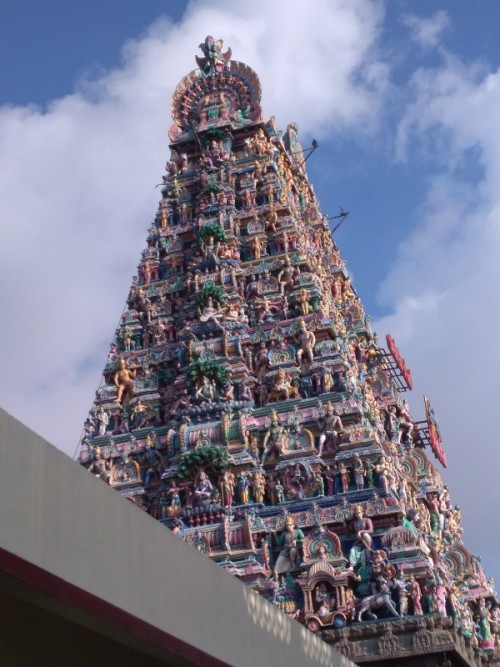 Kapaleeshwarar Temple is a Hindu temple dedicated to lord Shiva located in Mylapore, Chennai in the Indian state of Tamil Nadu. The form of Shiva's consort Parvati worshipped at this temple is called Karpagambal is from Tamil ("Goddess of the Wish-Yielding Tree"). The temple is the most ancient one that has been built around the 7th century CE in Dravidian architecture.

According to the Puranas, Shakti worshipped Shiva in the form of a peacock, giving the vernacular name Mylai (Mayilāi) to the area that developed around the temple - mayil is Tamil for "peacock". Shiva is worshiped as Kapaleeswarar, and is represented by the lingam. His consort Parvati is depicted as Karpagambal. The presiding deity is revered in the 7th century Tamil Saiva canonical work, the Tevaram, written by Tamil saint poets known as the Nayanars and classified as Paadal Petra Sthalam.

The temple has numerous shrines, with those of Kapaleeswarar and Karpagambal being the most prominent. The temple complex houses many halls. The temple has six daily rituals at various times from 5:30 a.m. to 10 p.m., and four yearly festivals on its calendar. The Arubathimooval festival celebrated during the Tamil month of Panguni is the most prominent festival in the temple.

https://en.wikipedia.org/wiki/Kapaleeshwarar_Temple