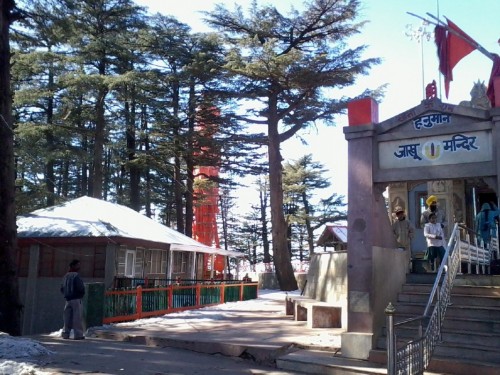 Jakhoo Temple is an ancient temple in Shimla, dedicated to the Hindu deity Hanuman. It is situated on Jakhoo Hill, Shimla's highest peak, 2.5 km (1.6 mi) east of the Ridge at a height of 2,455 m (8,054 ft) above sea level. Each year, a festival is held on Dussehra, before 1972 the festival was used to held at Annadale.
According to the Ramayana, Hanuman stopped at the location to rest while searching for the Sanjivni Booti to revive Lakshmana. A giant 108-feet-high idol of Hanuman was unveiled at Jakhoo Hanuman temple on 4 November 2010. At 108 feet (33 m), it surpasses the statue of Christ the Redeemer, which measures at 98 feet (30 m), in Rio de Janeiro, Brazil.