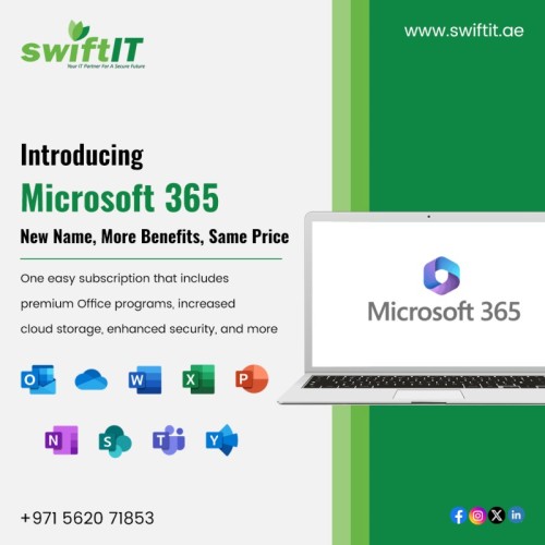 Presenting Microsoft 365!

The same cost as before, but with additional perks: a single subscription that includes better security, additional cloud storage, and premium Office programs. Now is the time to increase your productivity!

Contact us now for reliable Microsoft Office 365 services!

 +971 562071853

 https://swiftit.ae/

#MicrosoftOffice #buyoffice365inabudhabi #microsoft365business #MicrosoftAbuDhabi #MicrosoftOffice365inabudhabi #ITServicesAbuDhabi #ITSolutionsAbuDhabi #TopITCompaniesAbuDhabi #SwiftIT #AbuDhabi #UAE